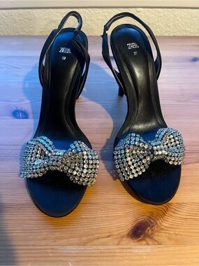 Zara Black Slingback Heels with Crystal Bow Accents